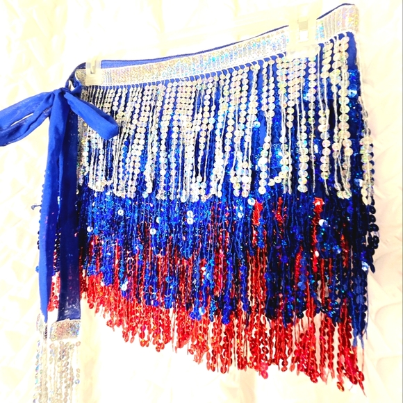 Sequins Belly Dancer Skirt Red White Blue Rodeo Belt Over Jeans - Picture 1 of 3